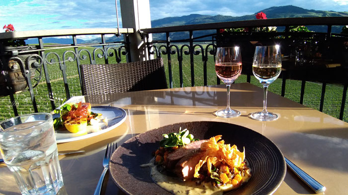 Dinner and wine on patio overlooking Osoyoos